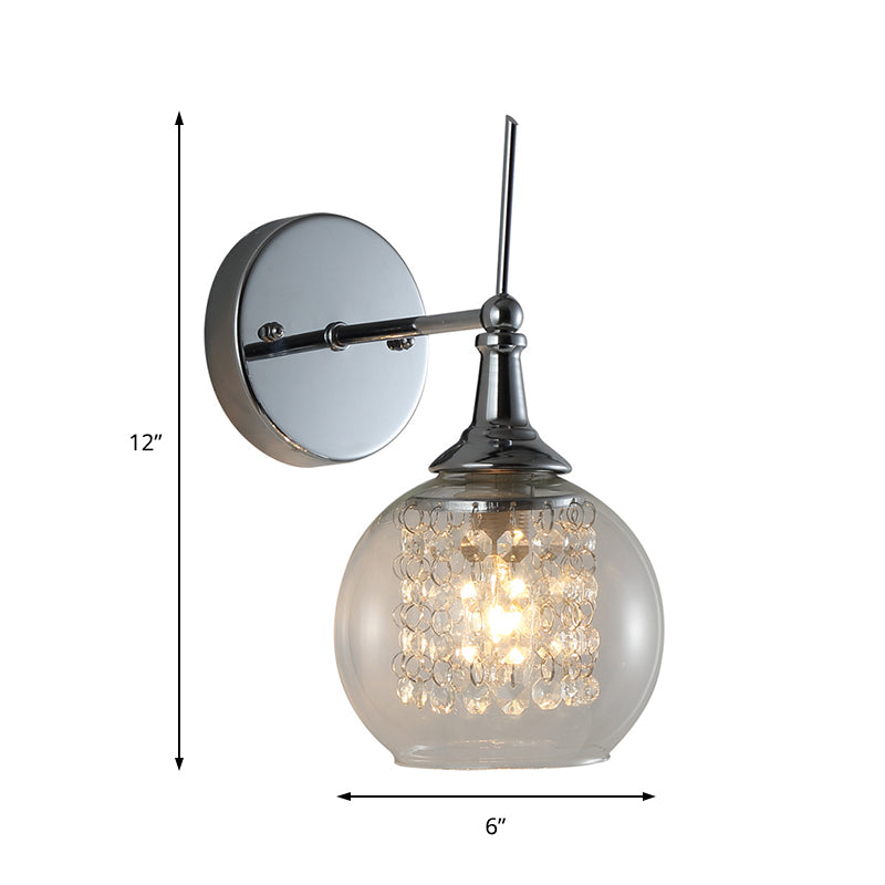 1 Bulb Globe Wall Lamp Contemporary Clear Glass Wall Sconce with Inner Crystal Strand in Chrome Finish Clearhalo 'Cast Iron' 'Glass' 'Industrial' 'Modern wall lights' 'Modern' 'Tiffany' 'Traditional wall lights' 'Wall Lamps & Sconces' 'Wall Lights' Lighting' 157092