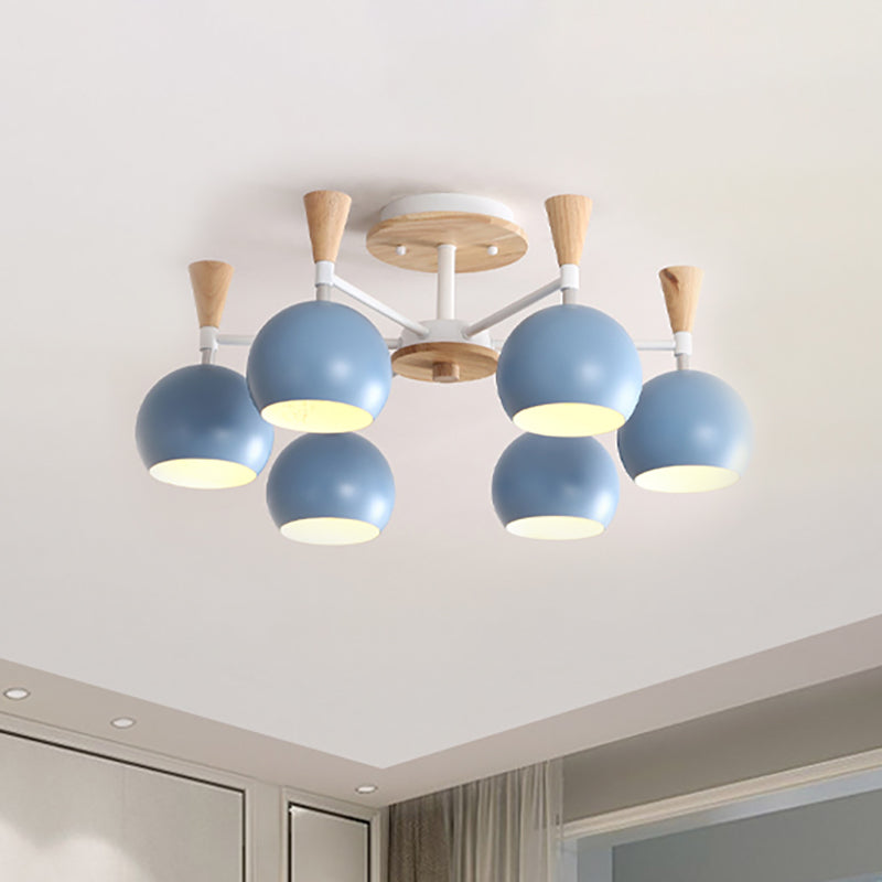 Macaron 3/6/8-Light Ceiling Lamp with Acrylic Shade Pink/Yellow/Blue Dome Semi Flush Pendant 6 Blue Clearhalo 'Ceiling Lights' 'Close To Ceiling Lights' 'Close to ceiling' 'Semi-flushmount' Lighting' 157229