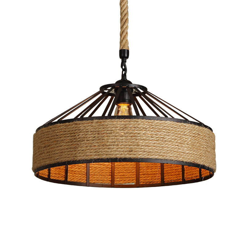 Drum Shade Rope Pendant Ceiling Light Vintage Style 1 Bulb Coffee Shop Hanging Light in Black Clearhalo 'Ceiling Lights' 'Industrial Pendants' 'Industrial' 'Middle Century Pendants' 'Pendant Lights' 'Pendants' 'Tiffany' Lighting' 157833