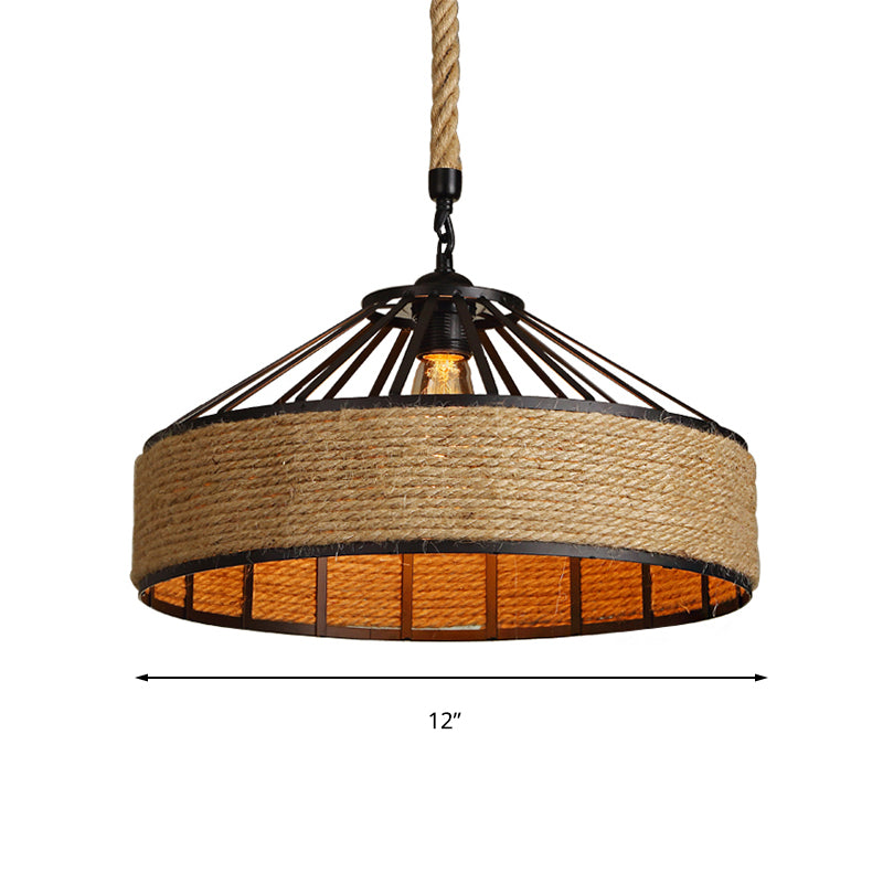 Drum Shade Rope Pendant Ceiling Light Vintage Style 1 Bulb Coffee Shop Hanging Light in Black Clearhalo 'Ceiling Lights' 'Industrial Pendants' 'Industrial' 'Middle Century Pendants' 'Pendant Lights' 'Pendants' 'Tiffany' Lighting' 157834