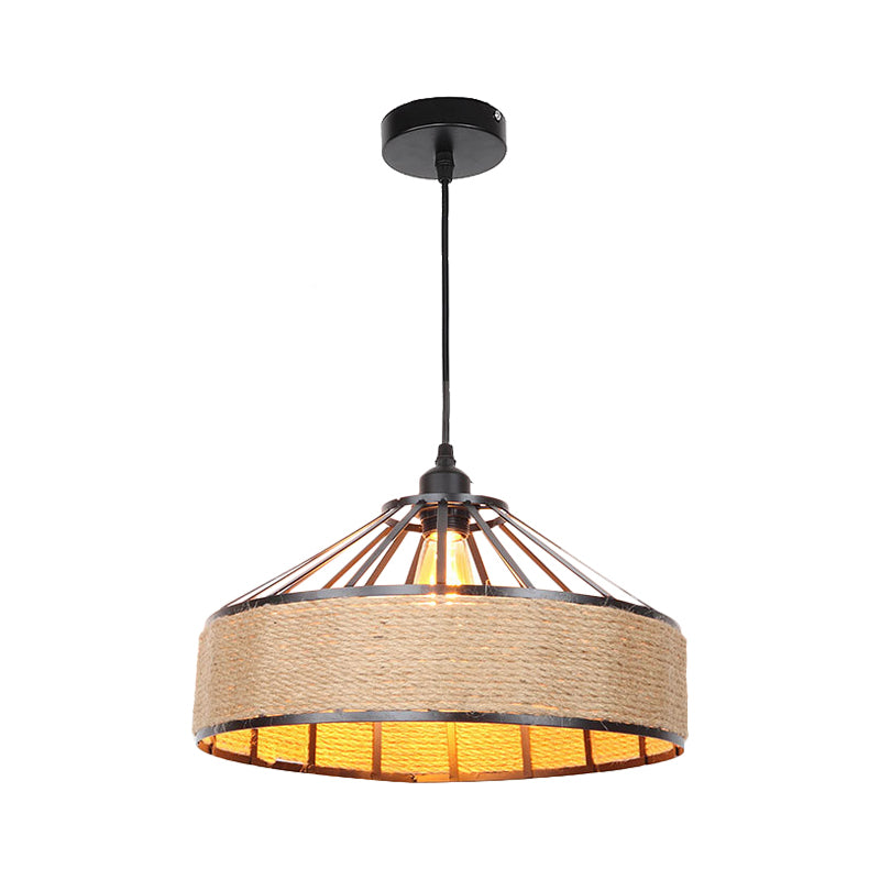 Drum Shade Rope Pendant Ceiling Light Vintage Style 1 Bulb Coffee Shop Hanging Light in Black Clearhalo 'Ceiling Lights' 'Industrial Pendants' 'Industrial' 'Middle Century Pendants' 'Pendant Lights' 'Pendants' 'Tiffany' Lighting' 157840
