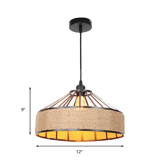 Drum Shade Rope Pendant Ceiling Light Vintage Style 1 Bulb Coffee Shop Hanging Light in Black Clearhalo 'Ceiling Lights' 'Industrial Pendants' 'Industrial' 'Middle Century Pendants' 'Pendant Lights' 'Pendants' 'Tiffany' Lighting' 157841