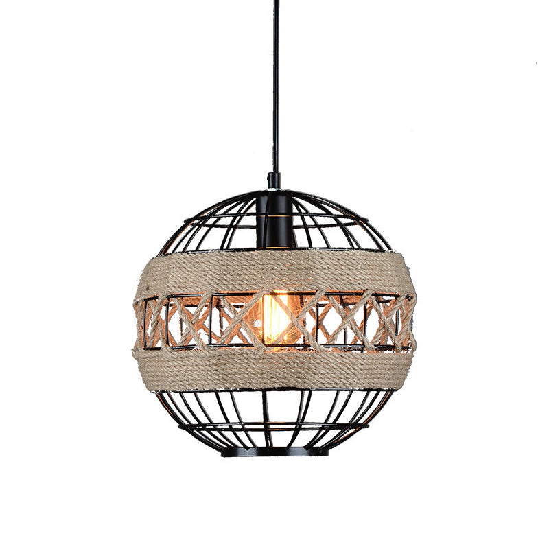 Sphere Pendant Lighting with Metal Frame and Rope Rustic 1 Light Hanging Ceiling Light in Black Black Clearhalo 'Art Deco Pendants' 'Black' 'Cast Iron' 'Ceiling Lights' 'Ceramic' 'Crystal' 'Industrial Pendants' 'Industrial' 'Metal' 'Middle Century Pendants' 'Pendant Lights' 'Pendants' 'Rustic Pendants' 'Tiffany' Lighting' 157854
