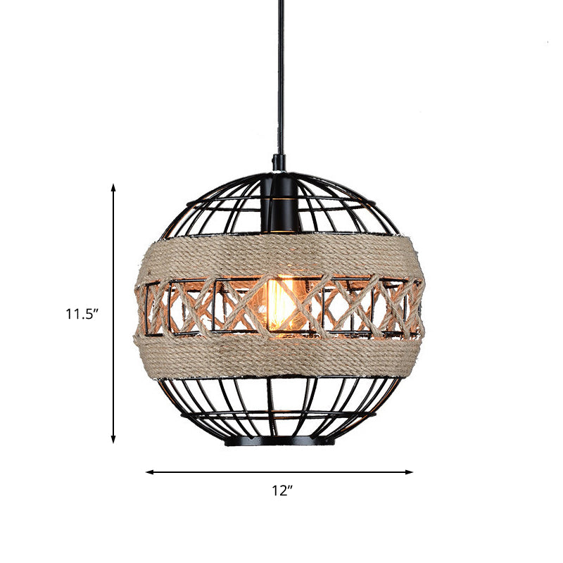 Sphere Pendant Lighting with Metal Frame and Rope Rustic 1 Light Hanging Ceiling Light in Black Clearhalo 'Art Deco Pendants' 'Black' 'Cast Iron' 'Ceiling Lights' 'Ceramic' 'Crystal' 'Industrial Pendants' 'Industrial' 'Metal' 'Middle Century Pendants' 'Pendant Lights' 'Pendants' 'Rustic Pendants' 'Tiffany' Lighting' 157855