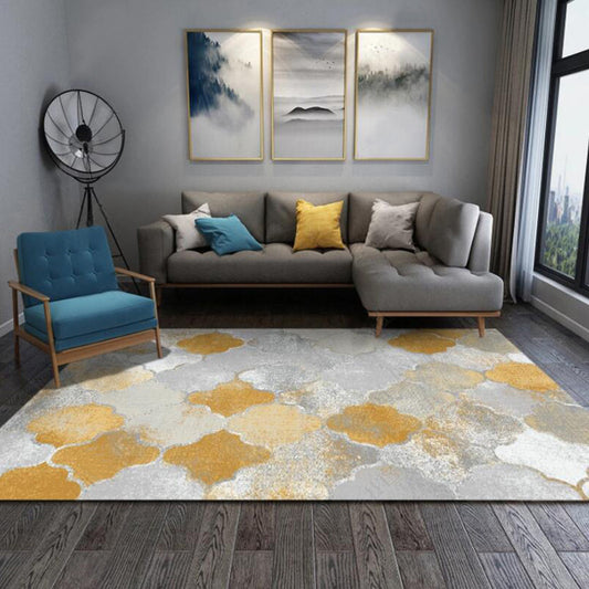 Yellow and Grey Contemporary Rug Polyester Albany Geometric Ogee Print Rug Washable Non-Slip Backing Carpet for Living Room