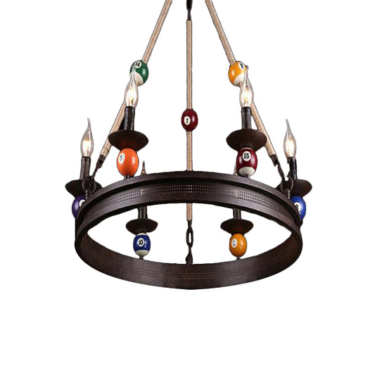 6 Bulbs Chandelier Lighting Industrial Ring Metallic Pendant Light Fixture with Rope and Billiard Ball Deco in Rust Clearhalo 'Cast Iron' 'Ceiling Lights' 'Chandeliers' 'Industrial Chandeliers' 'Industrial' 'Metal' 'Middle Century Chandeliers' 'Rustic Chandeliers' 'Tiffany' Lighting' 157918