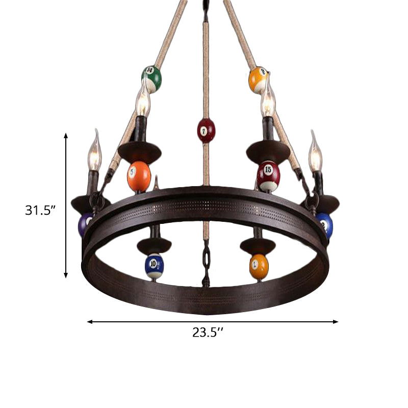 6 Bulbs Chandelier Lighting Industrial Ring Metallic Pendant Light Fixture with Rope and Billiard Ball Deco in Rust Clearhalo 'Cast Iron' 'Ceiling Lights' 'Chandeliers' 'Industrial Chandeliers' 'Industrial' 'Metal' 'Middle Century Chandeliers' 'Rustic Chandeliers' 'Tiffany' Lighting' 157919