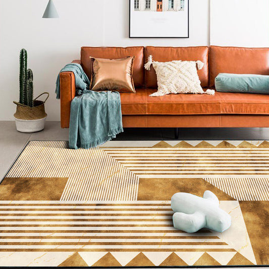 Stylish Striped Geometric Pattern Rug Golden Casual Rug Polyester Washable Anti-Slip Backing Area Rug for Living Room