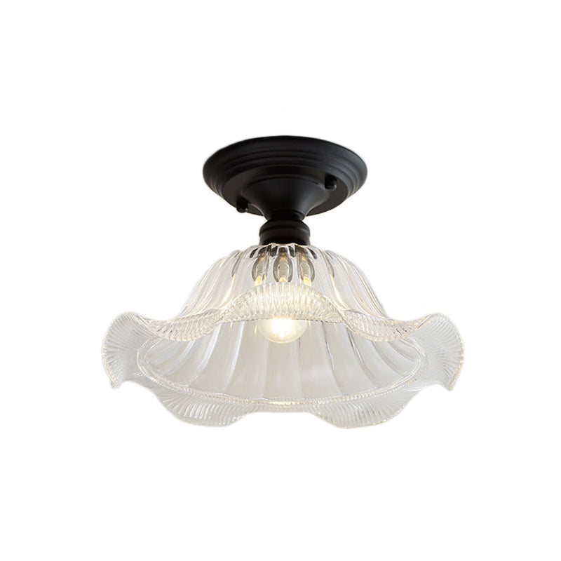 One Light Semi Flush Vintage Textured Glass Barn/Dome/Wavy Living Room Ceiling Lighting in Clear Clearhalo 'Ceiling Lights' 'Close To Ceiling Lights' 'Close to ceiling' 'Glass shade' 'Glass' 'Semi-flushmount' Lighting' 157928