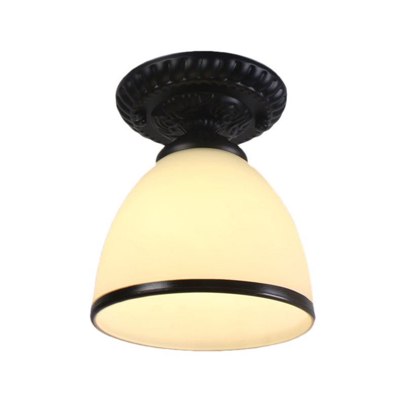 1 Light Barn/Dome/Flower Shade Semi Flush Light Industrial Milky Glass Ceiling Mount for Gallery in Black Clearhalo 'Ceiling Lights' 'Close To Ceiling Lights' 'Close to ceiling' 'Glass shade' 'Glass' 'Island Lights' 'Semi-flushmount' Lighting' 157955