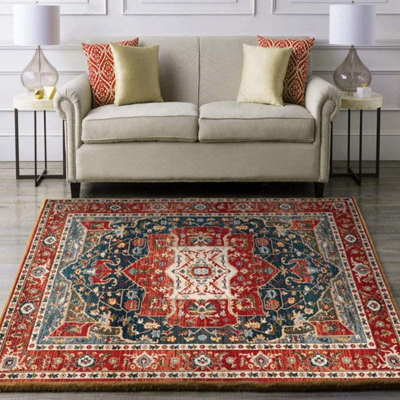 Oriental Moroccan Rug in Red Medallion Leaf Flower Pattern Rug Polyester Washable Non-Slip Carpet for Home Decoration Red Clearhalo 'Area Rug' 'Moroccan' 'Rugs' Rug' 1579574
