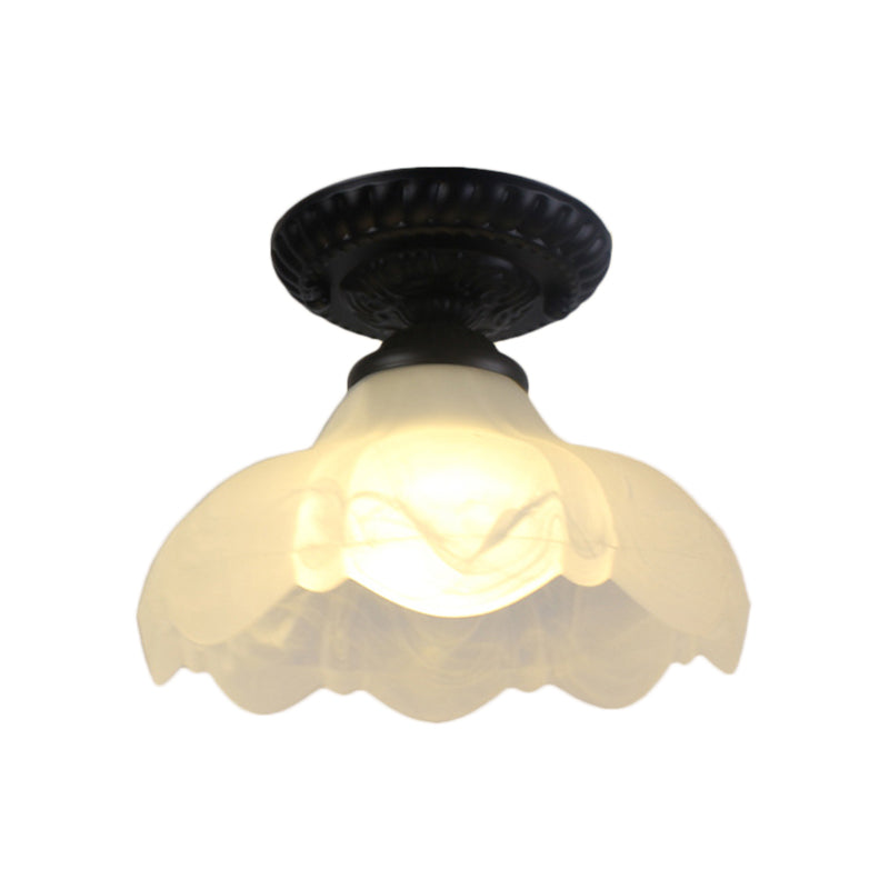 1 Light Barn/Dome/Flower Shade Semi Flush Light Industrial Milky Glass Ceiling Mount for Gallery in Black Clearhalo 'Ceiling Lights' 'Close To Ceiling Lights' 'Close to ceiling' 'Glass shade' 'Glass' 'Island Lights' 'Semi-flushmount' Lighting' 157961