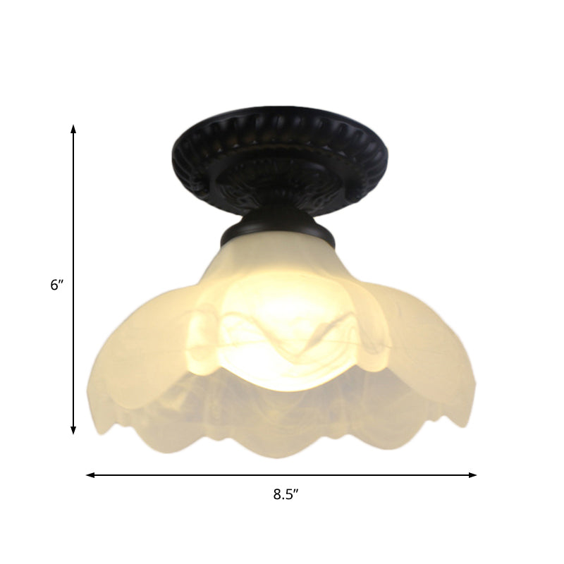 1 Light Barn/Dome/Flower Shade Semi Flush Light Industrial Milky Glass Ceiling Mount for Gallery in Black Clearhalo 'Ceiling Lights' 'Close To Ceiling Lights' 'Close to ceiling' 'Glass shade' 'Glass' 'Island Lights' 'Semi-flushmount' Lighting' 157962
