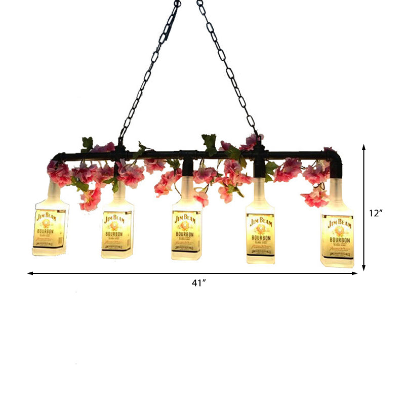 5 Lights Metal Hanging Pendant Light Vintage Style Yellow Bottle Shade Restaurant Island Lighting with Pipe Clearhalo 'Ceiling Lights' 'Close To Ceiling Lights' 'Glass shade' 'Glass' 'Island Lights' Lighting' 157989