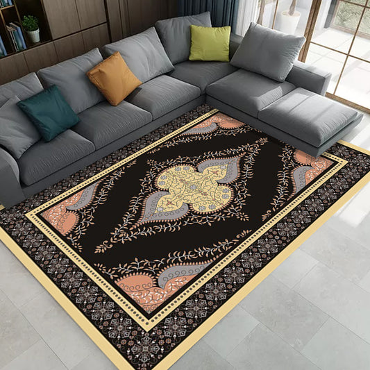 Persian Moroccan Rug in Black Medallion Leaf Flower Pattern Rug Polyester Anti-Slip Carpet for Home Decoration Black Clearhalo 'Area Rug' 'Moroccan' 'Rugs' Rug' 1579995