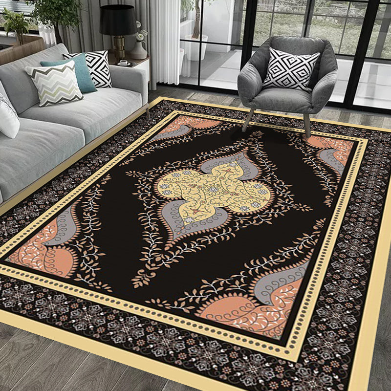 Persian Moroccan Rug in Black Medallion Leaf Flower Pattern Rug Polyester Anti-Slip Carpet for Home Decoration Clearhalo 'Area Rug' 'Moroccan' 'Rugs' Rug' 1579996