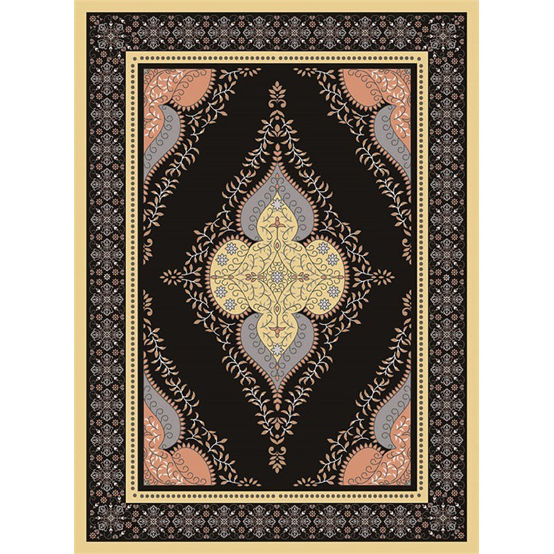 Persian Moroccan Rug in Black Medallion Leaf Flower Pattern Rug Polyester Anti-Slip Carpet for Home Decoration Clearhalo 'Area Rug' 'Moroccan' 'Rugs' Rug' 1579997