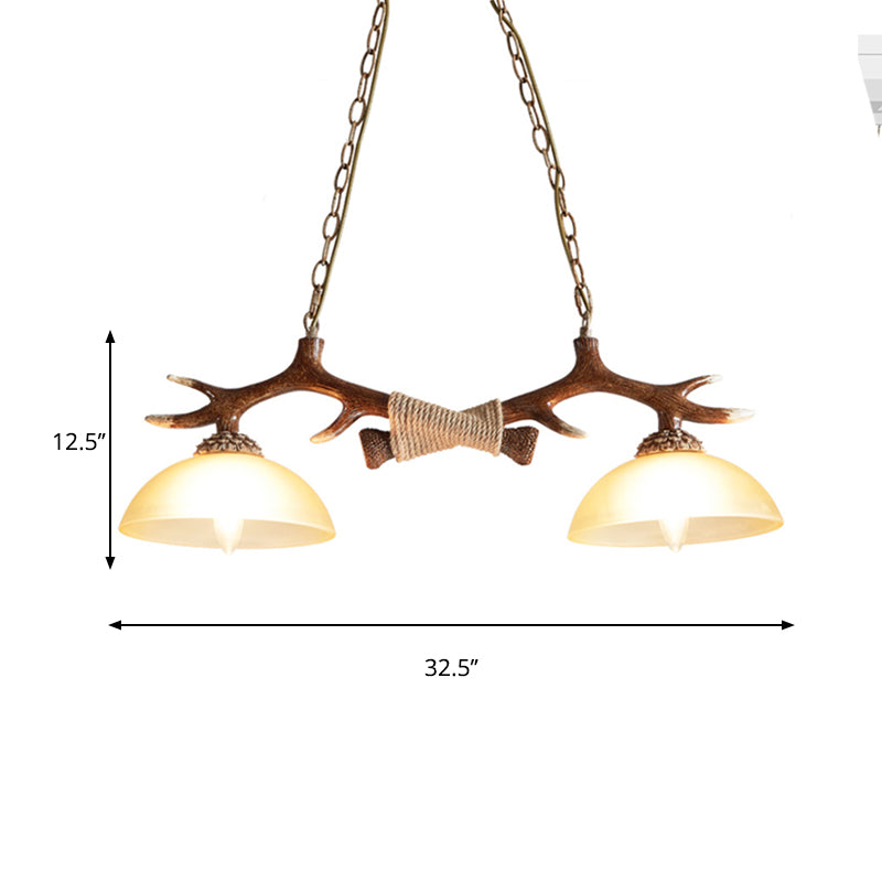 Bowl Shade Hanging Lamp Rustic Glass 2 Bulbs Hanging Pendant with Wood and Rope Decoration in Amber Clearhalo 'Ceiling Lights' 'Chandeliers' 'Glass shade' 'Glass' 'Island Lights' Lighting' 158006