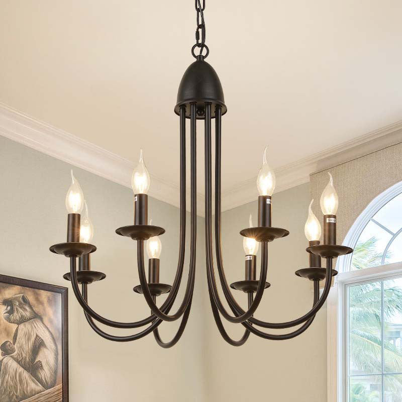 6/8 Heads Iron Chandelier Light Rustic Style Bronze Bare Bulb Dining Room Hanging Pendant with Curved Arm 8 Bronze Clearhalo 'Cast Iron' 'Ceiling Lights' 'Chandeliers' 'Industrial Chandeliers' 'Industrial' 'Metal' 'Middle Century Chandeliers' 'Rustic Chandeliers' 'Tiffany' Lighting' 158037