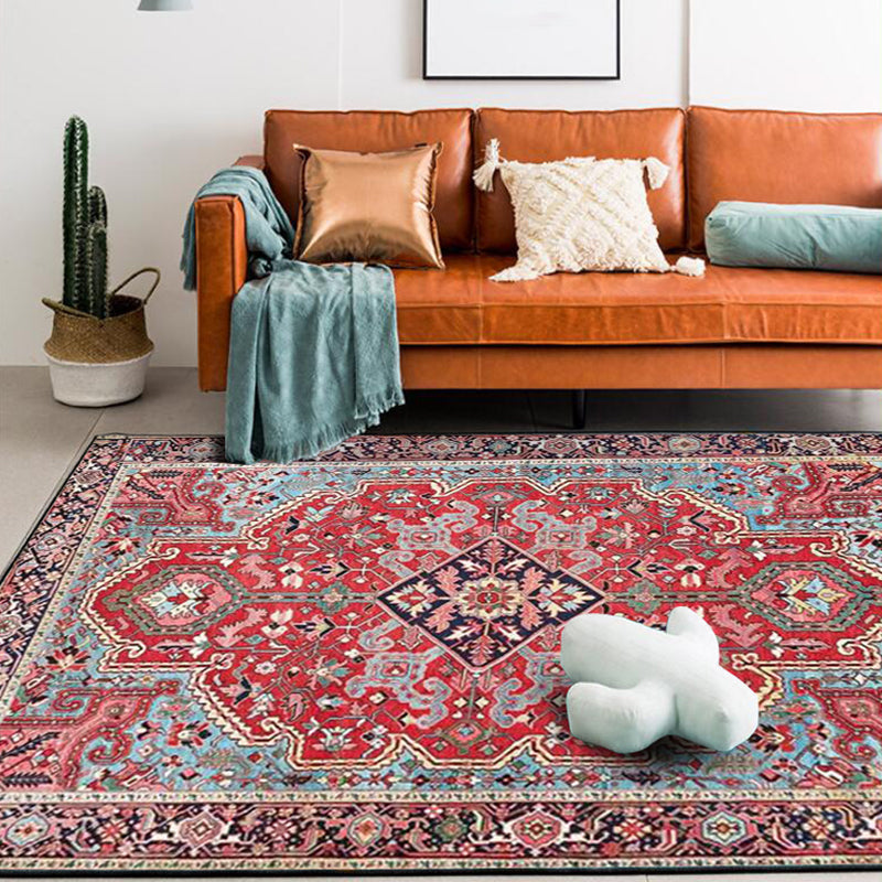 Red Bedroom Rug Moroccan Medallion Floral Pattern Area Rug Polyester Pet Friendly Anti-Slip Backing Carpet Clearhalo 'Area Rug' 'Moroccan' 'Rugs' Rug' 1580457