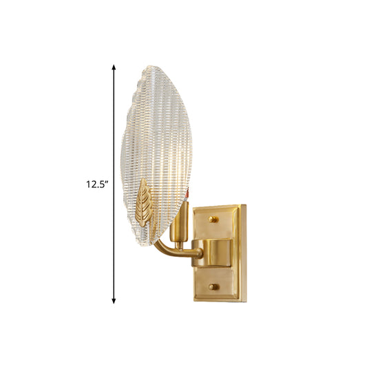 Brass 1/2-Bulb Sconce Light Vintage Clear Fluted Glass Leaf-Shaped Wall Lighting Idea Clearhalo 'Wall Lamps & Sconces' 'Wall Lights' Lighting' 1580597