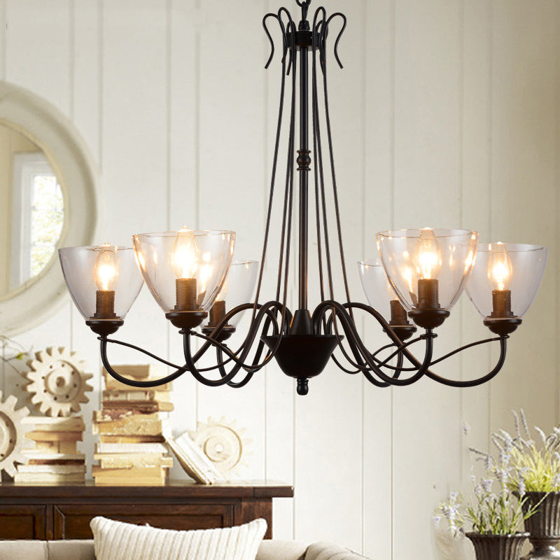 3/5/6-Light Tapered Chandelier Modern Black Clear Glass Pendant Light Fixture for Living Room 6 Clear Clearhalo 'Ceiling Lights' 'Chandeliers' 'Clear' 'Glass shade' 'Glass' 'Industrial Chandeliers' 'Industrial' 'Middle Century Chandeliers' 'Modern' 'Tiffany' 'Traditional Chandeliers' Lighting' 158062