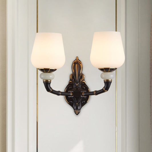 Cup-Like Bedside Sconce Lamp Retro Style Milky Glass 1/2-Bulb Black and Gold Wall Mount Light Fixture Clearhalo 'Wall Lamps & Sconces' 'Wall Lights' Lighting' 1580633