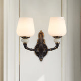 Cup-Like Bedside Sconce Lamp Retro Style Milky Glass 1/2-Bulb Black and Gold Wall Mount Light Fixture Clearhalo 'Wall Lamps & Sconces' 'Wall Lights' Lighting' 1580633