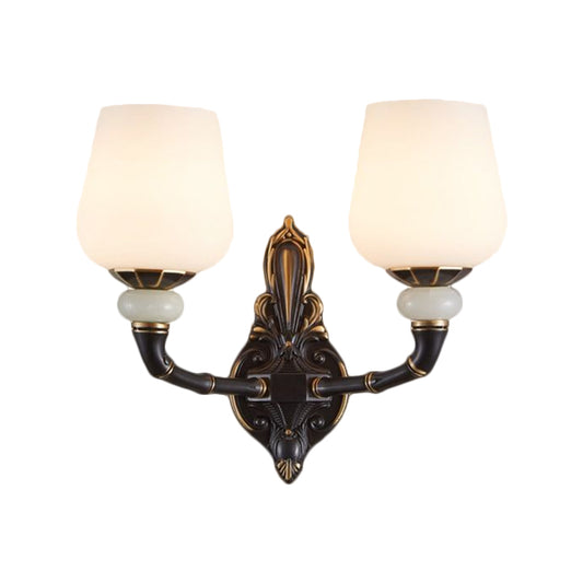 Cup-Like Bedside Sconce Lamp Retro Style Milky Glass 1/2-Bulb Black and Gold Wall Mount Light Fixture Clearhalo 'Wall Lamps & Sconces' 'Wall Lights' Lighting' 1580634