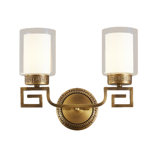 2 Bulbs Wall Sconce Light Traditional Dual Cylinder Clear and White Glass Wall Mount Lighting in Brass Clearhalo 'Wall Lamps & Sconces' 'Wall Lights' Lighting' 1580643