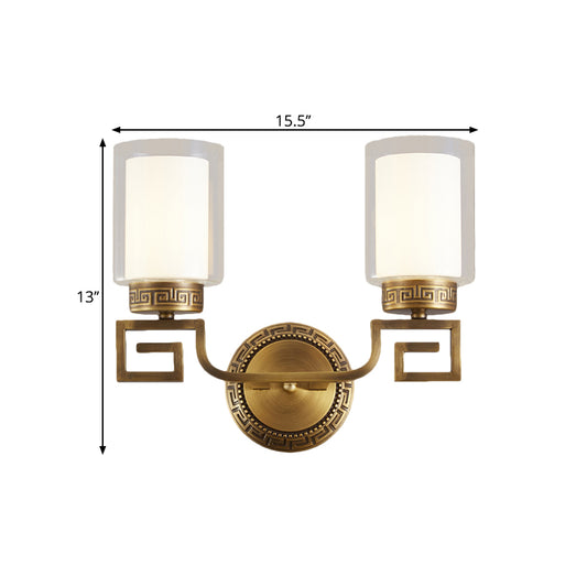 2 Bulbs Wall Sconce Light Traditional Dual Cylinder Clear and White Glass Wall Mount Lighting in Brass Clearhalo 'Wall Lamps & Sconces' 'Wall Lights' Lighting' 1580644