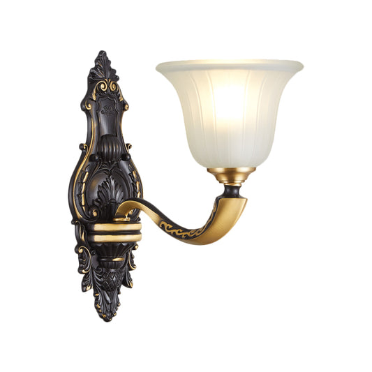 Farmhouse Bell Wall Lighting 1/2-Bulb White Fluted Glass Wall Mounted Lamp in Black and Gold Clearhalo 'Wall Lamps & Sconces' 'Wall Lights' Lighting' 1580675