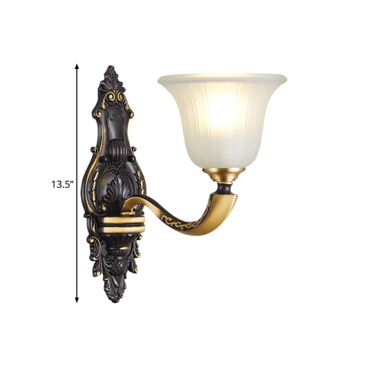 Farmhouse Bell Wall Lighting 1/2-Bulb White Fluted Glass Wall Mounted Lamp in Black and Gold Clearhalo 'Wall Lamps & Sconces' 'Wall Lights' Lighting' 1580676