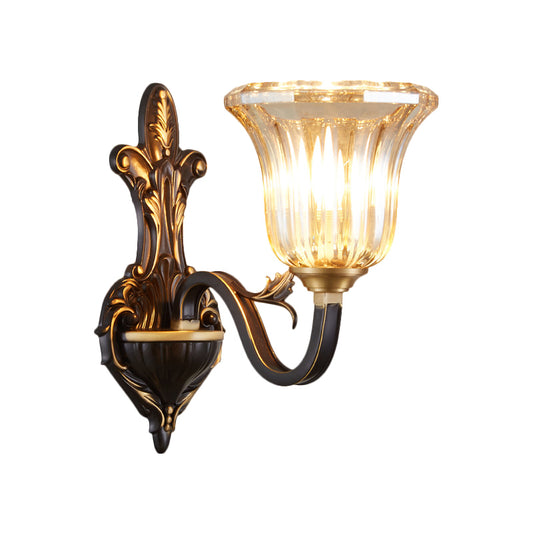 Antiqued Inverted Bell Wall Lamp 1/2-Light Ribbed Glass Wall Lighting Fixture with Curvy Arm in Brass Clearhalo 'Wall Lamps & Sconces' 'Wall Lights' Lighting' 1580733