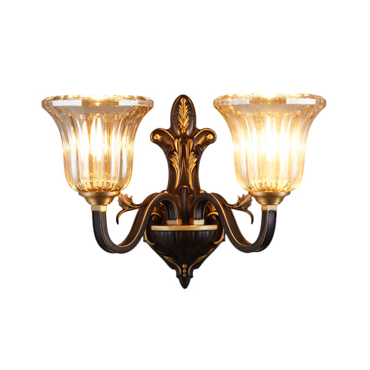 Antiqued Inverted Bell Wall Lamp 1/2-Light Ribbed Glass Wall Lighting Fixture with Curvy Arm in Brass Clearhalo 'Wall Lamps & Sconces' 'Wall Lights' Lighting' 1580737