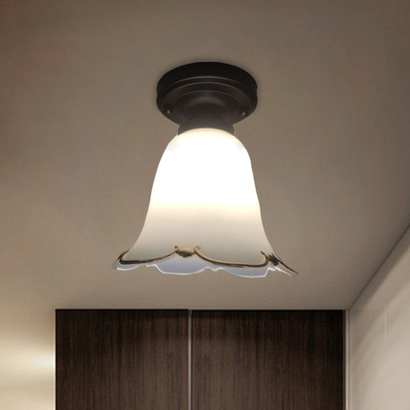 Bloom Hallway Ceiling Light Rustic Style White Glass 1 Bulb Black Flush Mount Fixture - Clearhalo - 'Ceiling Lights' - 'Close To Ceiling Lights' - 'Close to ceiling' - 'Flush mount' - Lighting' - 1580768