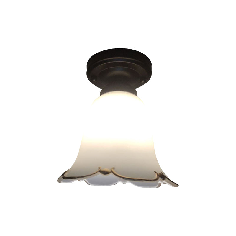 Bloom Hallway Ceiling Light Rustic Style White Glass 1 Bulb Black Flush Mount Fixture - Clearhalo - 'Ceiling Lights' - 'Close To Ceiling Lights' - 'Close to ceiling' - 'Flush mount' - Lighting' - 1580769