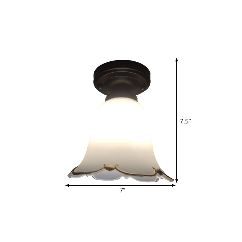 Bloom Hallway Ceiling Light Rustic Style White Glass 1 Bulb Black Flush Mount Fixture - Clearhalo - 'Ceiling Lights' - 'Close To Ceiling Lights' - 'Close to ceiling' - 'Flush mount' - Lighting' - 1580770