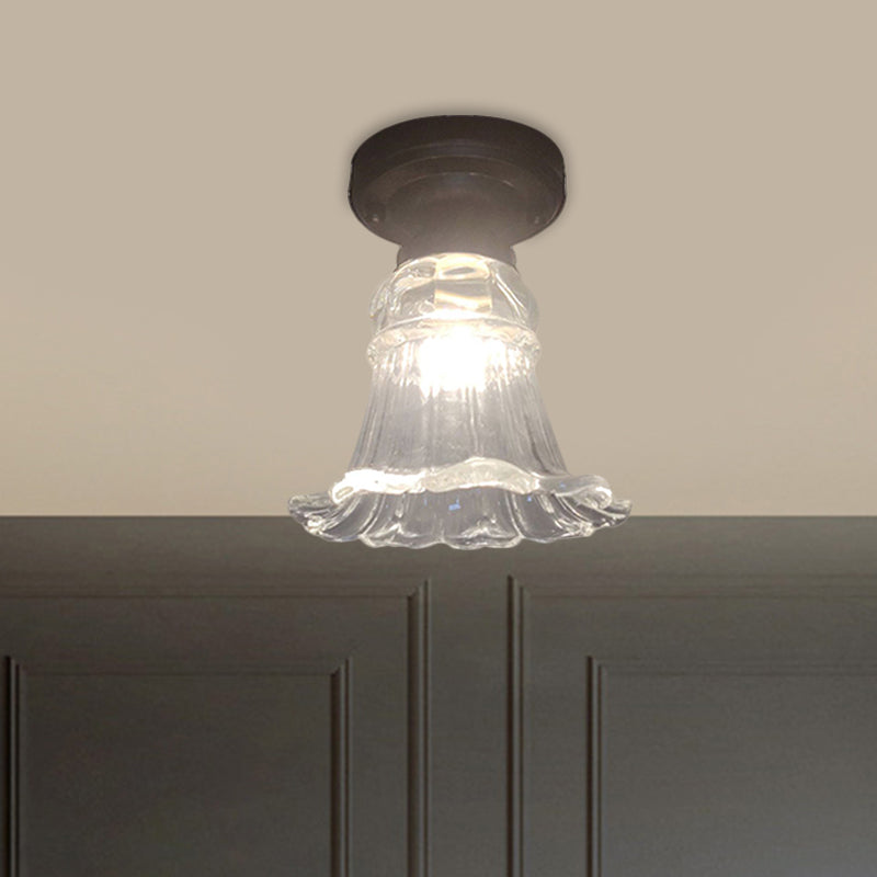 Rural Style Blossom Flush Mount Lamp 1 Head Fluted Clear Glass Ceiling Fixture in Black Clearhalo 'Ceiling Lights' 'Close To Ceiling Lights' 'Close to ceiling' 'Flush mount' Lighting' 1580800