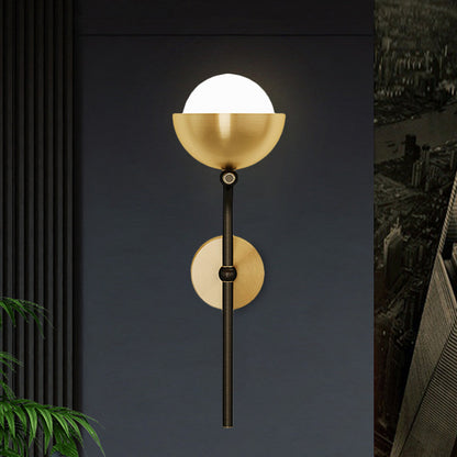 Metallic Hemisphere Wall Sconce Traditional 1-Head Sitting Room LED Wall Mount Light with Orb White Glass Shade in Brass/Black and Gold Black-Gold Clearhalo 'Wall Lamps & Sconces' 'Wall Lights' Lighting' 1580807