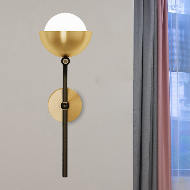 Metallic Hemisphere Wall Sconce Traditional 1-Head Sitting Room LED Wall Mount Light with Orb White Glass Shade in Brass/Black and Gold Clearhalo 'Wall Lamps & Sconces' 'Wall Lights' Lighting' 1580809