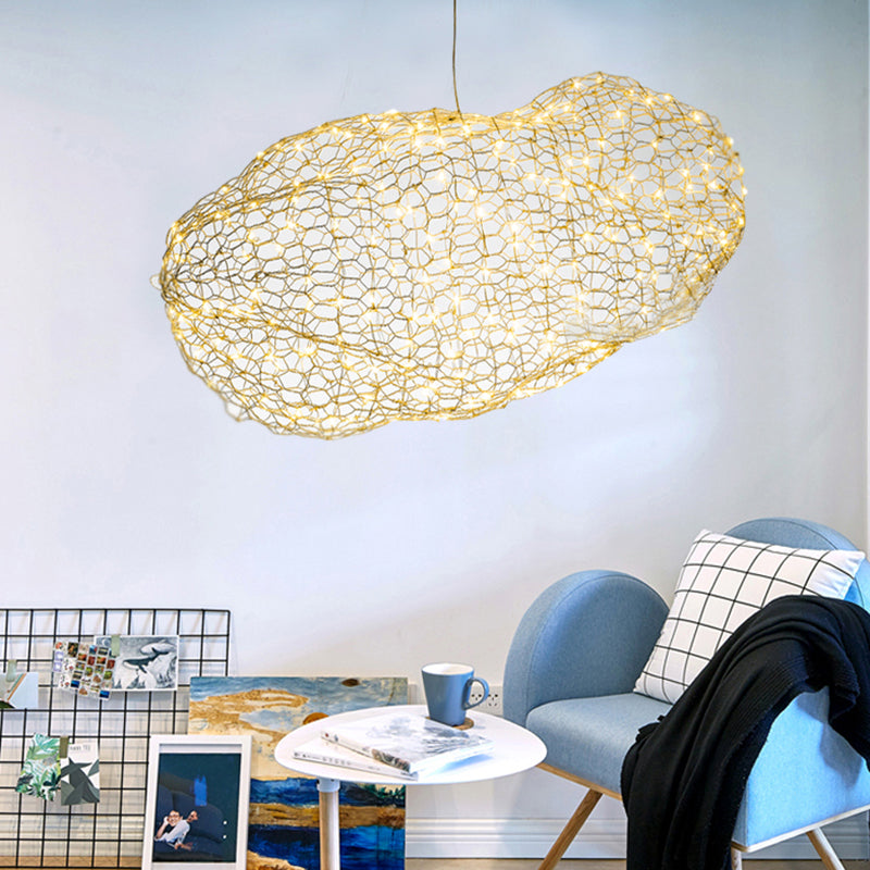 12"/16" W Cloud Shaped Chandelier Light with Mesh Screen Modernist Metal LED Chrome Hanging Lamp, Warm/White Light Chrome Clearhalo 'Ceiling Lights' 'Chandeliers' 'Modern Chandeliers' 'Modern' Lighting' 158090