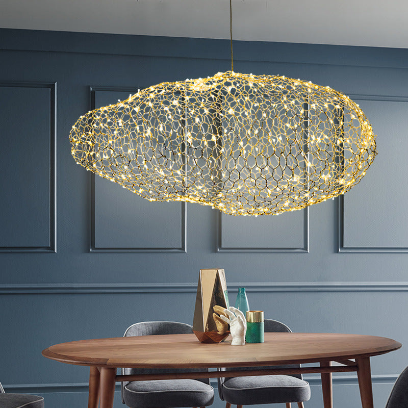 12"/16" W Cloud Shaped Chandelier Light with Mesh Screen Modernist Metal LED Chrome Hanging Lamp, Warm/White Light Clearhalo 'Ceiling Lights' 'Chandeliers' 'Modern Chandeliers' 'Modern' Lighting' 158091