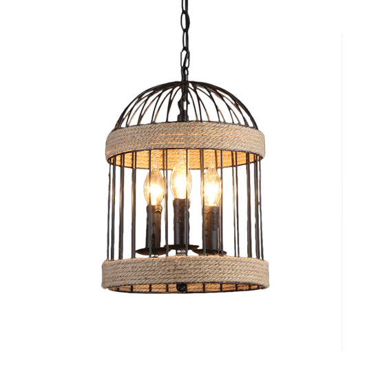 3 Bulbs Birdcage Ceiling Light Vintage Black Finish Metal and Rope Hanging Lamp with Chain for Dining Room Clearhalo 'Cast Iron' 'Ceiling Lights' 'Chandeliers' 'Industrial Chandeliers' 'Industrial' 'Metal' 'Middle Century Chandeliers' 'Rustic Chandeliers' 'Tiffany' Lighting' 158127