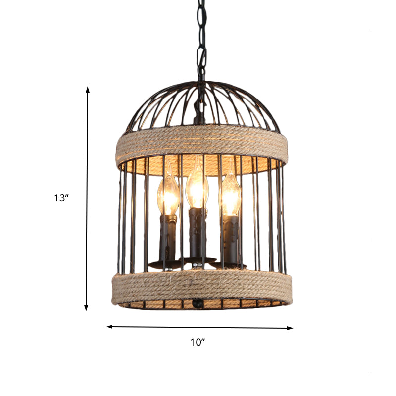 3 Bulbs Birdcage Ceiling Light Vintage Black Finish Metal and Rope Hanging Lamp with Chain for Dining Room Clearhalo 'Cast Iron' 'Ceiling Lights' 'Chandeliers' 'Industrial Chandeliers' 'Industrial' 'Metal' 'Middle Century Chandeliers' 'Rustic Chandeliers' 'Tiffany' Lighting' 158128