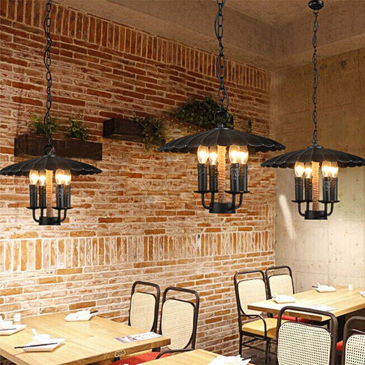 Wavy Pendant Light Retro Style Metal 4 Bulbs Candle Hanging Light in Black for Dining Room Black Clearhalo 'Ceiling Lights' 'Chandeliers' 'Glass shade' 'Glass' Lighting' 158129