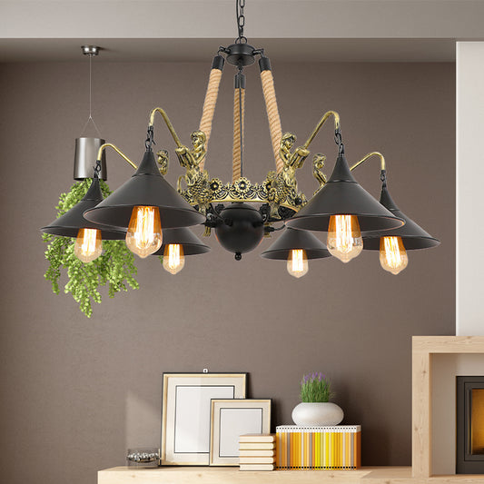 Industrial Bell Chandelier Light 6/8 Bulbs Metal and Rope Suspension Light with Mermaid Deco in Black 6 Black Clearhalo 'Cast Iron' 'Ceiling Lights' 'Chandeliers' 'Industrial Chandeliers' 'Industrial' 'Metal' 'Middle Century Chandeliers' 'Rustic Chandeliers' 'Tiffany' Lighting' 158157