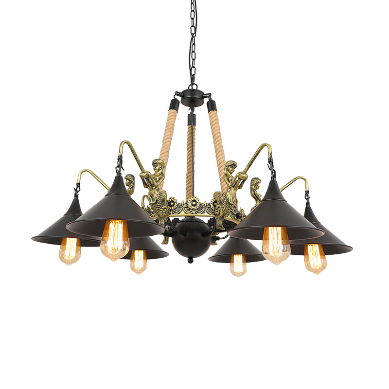 Industrial Bell Chandelier Light 6/8 Bulbs Metal and Rope Suspension Light with Mermaid Deco in Black Clearhalo 'Cast Iron' 'Ceiling Lights' 'Chandeliers' 'Industrial Chandeliers' 'Industrial' 'Metal' 'Middle Century Chandeliers' 'Rustic Chandeliers' 'Tiffany' Lighting' 158159