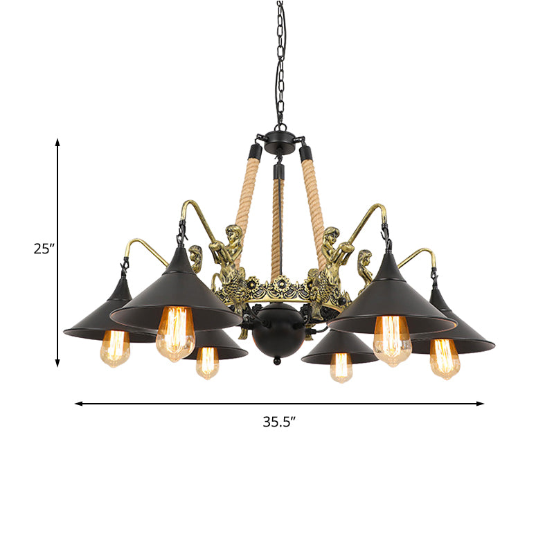 Industrial Bell Chandelier Light 6/8 Bulbs Metal and Rope Suspension Light with Mermaid Deco in Black Clearhalo 'Cast Iron' 'Ceiling Lights' 'Chandeliers' 'Industrial Chandeliers' 'Industrial' 'Metal' 'Middle Century Chandeliers' 'Rustic Chandeliers' 'Tiffany' Lighting' 158160