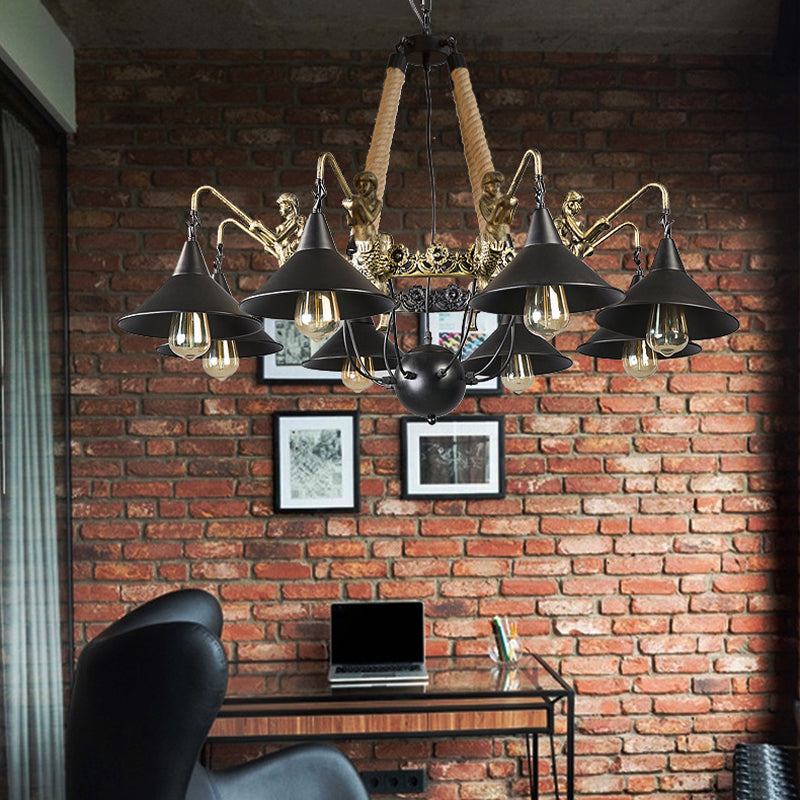 Industrial Bell Chandelier Light 6/8 Bulbs Metal and Rope Suspension Light with Mermaid Deco in Black 8 Black Clearhalo 'Cast Iron' 'Ceiling Lights' 'Chandeliers' 'Industrial Chandeliers' 'Industrial' 'Metal' 'Middle Century Chandeliers' 'Rustic Chandeliers' 'Tiffany' Lighting' 158161